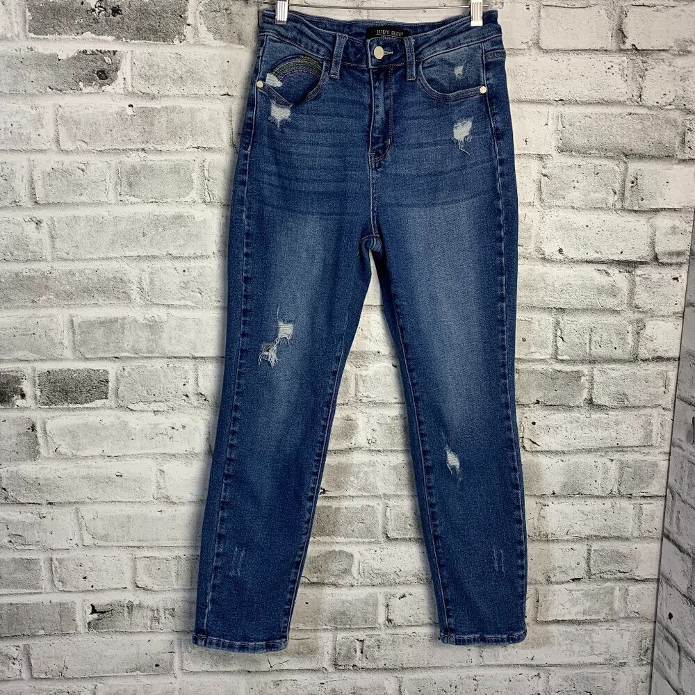 Judy Blue Straight Leg Distressed Denim Embroidered Rainbow Jeans